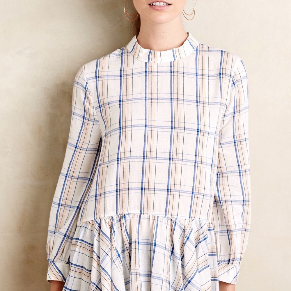 Anthropologie Maeve Sava Swing Top Plaid Ruffle-Hem
